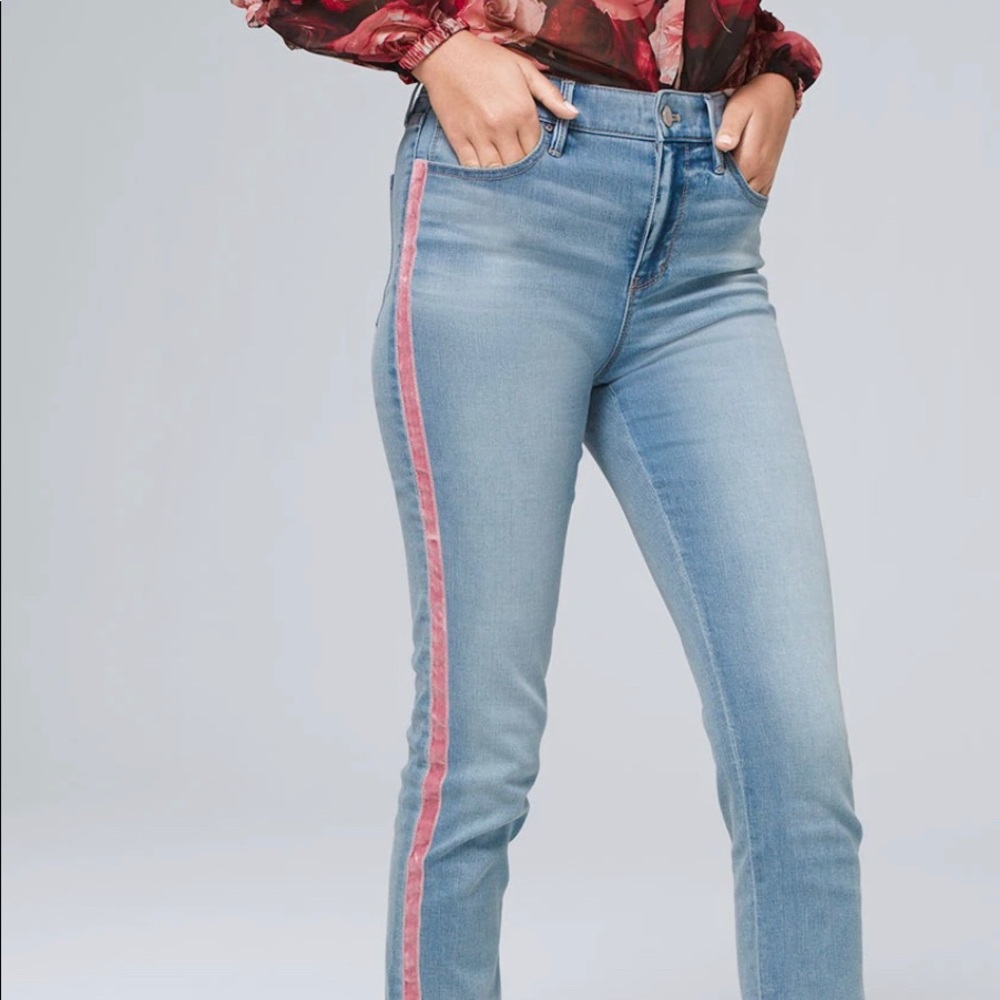 Express jeans size 8 regular w/pink pin striping down each leg.